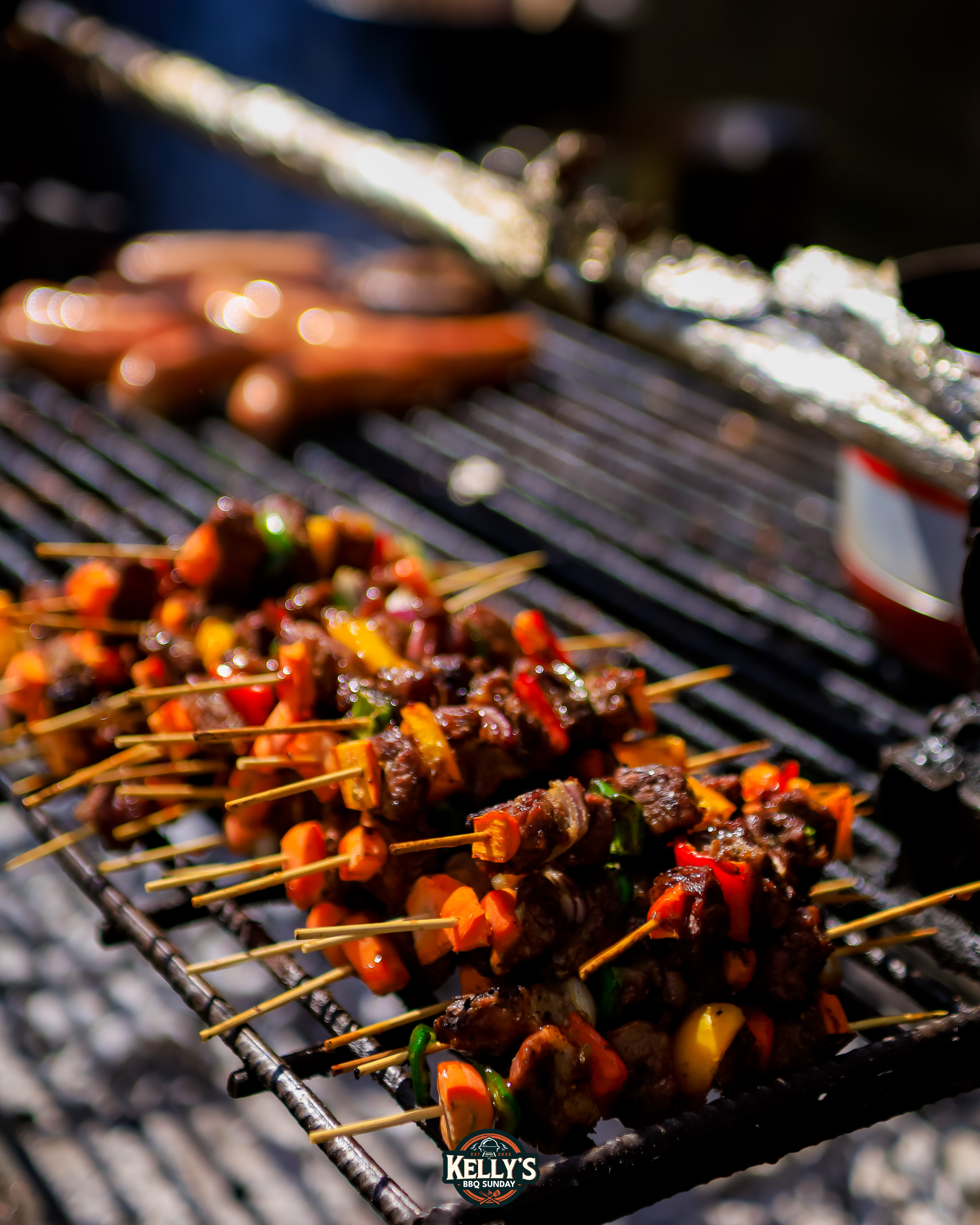 Flame-grilled meat skewers — a signature Kelly's BBQ Sunday dish